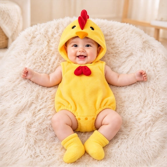 REDARER Baby Cartoon Chick Romper 3 Piece Set Sleeveless Hooded Bodysuit with Matching Hat and Socks Soft Fleece Snap Crotch Outfit for Infant Christmas Photoshoot Holiday Party Gift,0-3 Months