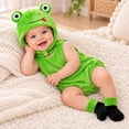 thumbnail image 1 of REDARER Baby Cartoon Frog Romper 3 Piece Set Sleeveless Hooded Bodysuit with Matching Hat and Socks Soft Fleece Snap Crotch Costume Outfit for Infant Christmas Photoshoot Holiday Gift,9-12 Months, 1 of 8
