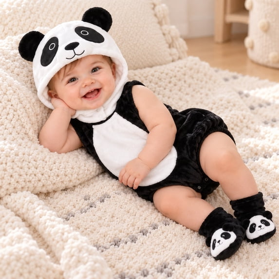 REDARER Baby Cartoon Panda Romper 3 Piece Set Sleeveless Hooded Bodysuit with Matching Hat and Socks Soft Fleece Snap Crotch Costume Outfit for Infant Christmas Photoshoot Holiday Gift,9-12 Months
