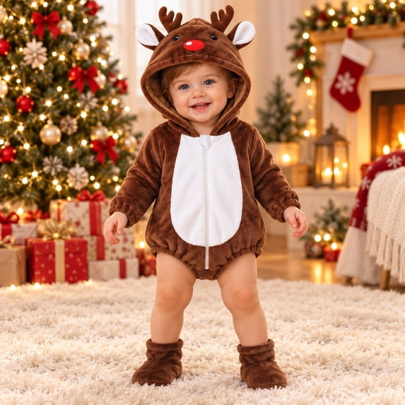 REDARER Baby Christmas Reindeer 3PCS Set Hooded Romper with Foot Covers Warm Outfit for Autumn Winter Holiday Photography,0-3 Months