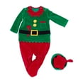 thumbnail image 1 of REDARER Baby Elf Costume Romper Set Fleece Footed Long Sleeve Jumpsuit with Matching Elf Hat Candy Cane Pocket Decor Snap Crotch Outfit for Infant Christmas Photoshoot Holiday Gift,3-6 Months, 1 of 4