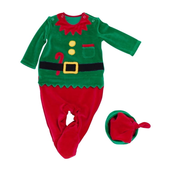 REDARER Baby Elf Costume Romper Set Fleece Footed Long Sleeve Jumpsuit with Matching Elf Hat Candy Cane Pocket Decor Snap Crotch Outfit for Infant Christmas Photoshoot Holiday Gift,3-6 Months