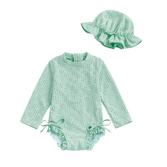REDARER Baby Girl Long Sleeve Rash Guard Set, Eyelet Swimsuit Romper with Matching Sun Hat for Beach & Pool,3-6 Months