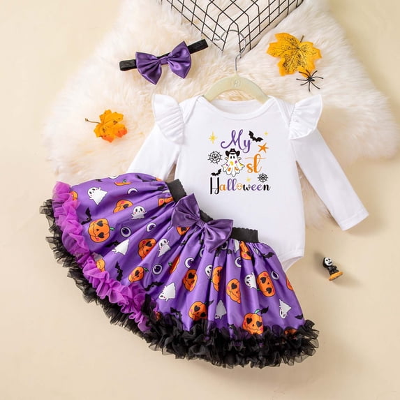 REDARER Baby Girl My 1st Halloween Outfit Set Ruffle Bodysuit Printed Skirt Bow Headband for Party Photo ,12-18 Months