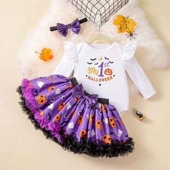 REDARER Baby Girl My 1st Halloween Outfit Set Ruffle Bodysuit Printed Skirt Bow Headband for Party Photo ,9-12 Months