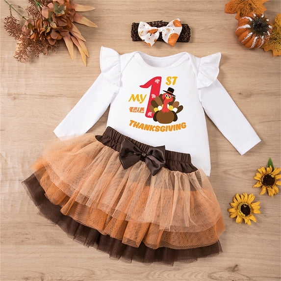 REDARER Baby Girl My 1st Thanksgiving Outfit Set Ruffle Bodysuit Tutu Skirt Headband for Holiday Photo ,0-3 Months