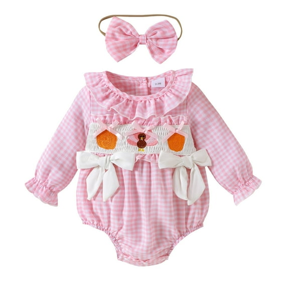 REDARER Baby Girl Thanksgiving Bodysuit, Cute Cartoon Embroidery & Plaid Hairband Set, Cozy Long Sleeve Outfit for Holiday Photos,Size:6-12 Months