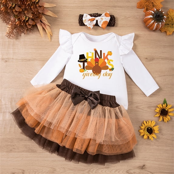 REDARER Baby Girl Thanksgiving Outfit Set Long Sleeve Bodysuit Tutu Skirt and Headband for Holiday Photo ,12-18 Months