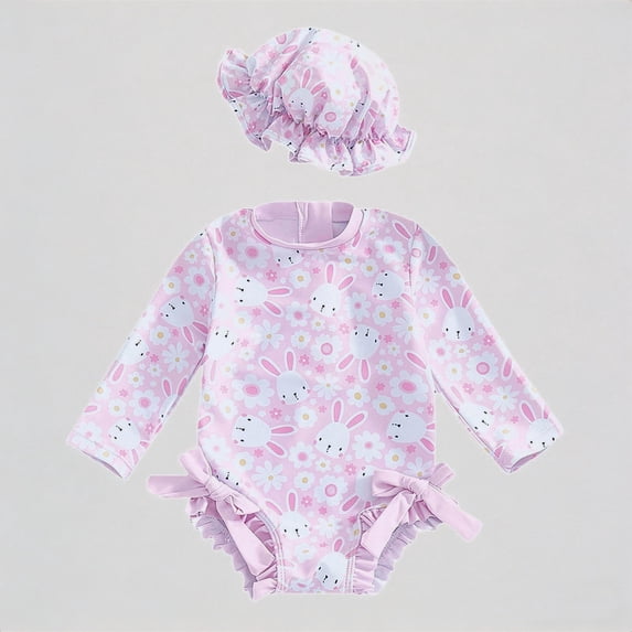 REDARER Baby Girl's 2-Piece Swim Set – Bunny-Print Long-Sleeve Romper + Ruffled Hat, UV-Protective Beach Rash Guard Bathing Suit,18-24 Months