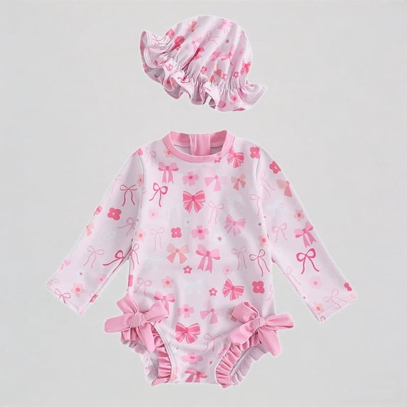 REDARER Baby Girl's 2-Piece Swim Set – Bunny-Print Long-Sleeve Romper + Ruffled Hat, UV-Protective Beach Rash Guard Bathing Suit,18-24 Months