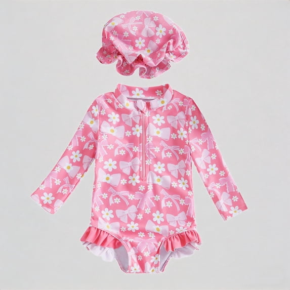 REDARER Baby Girl's 2-Piece Swim Set – Daisy & Bow Print Long-Sleeve Romper + Ruffled Hat, UV-Protective Beach Rash Guard Bathing Suit,2-3 Years