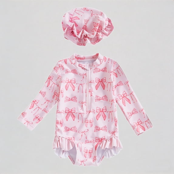 REDARER Baby Girl's 2-Piece Swim Set – Daisy & Bow Print Long-Sleeve Romper + Ruffled Hat, UV-Protective Beach Rash Guard Bathing Suit,3-6 Months