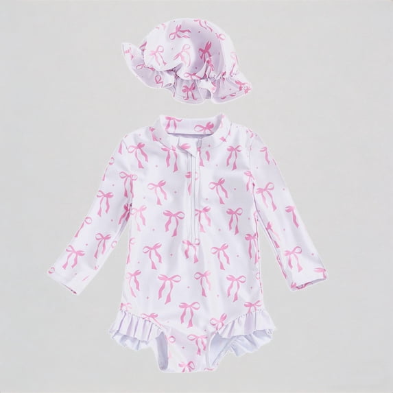 REDARER Baby Girl's 2-Piece Swim Set – Daisy & Bow Print Long-Sleeve Romper + Ruffled Hat, UV-Protective Beach Rash Guard Bathing Suit,6-12 Months
