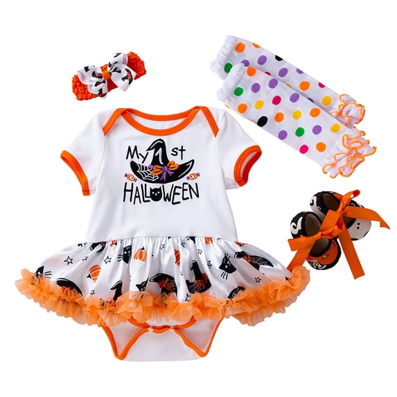 REDARER Baby Girls My 1st Halloween Witch Graphic Short Sleeve Tutu Romper 4 Piece Outfit Set with Leg Warmers Headband Shoes for Holiday Party Dress Up,6-12 Months
