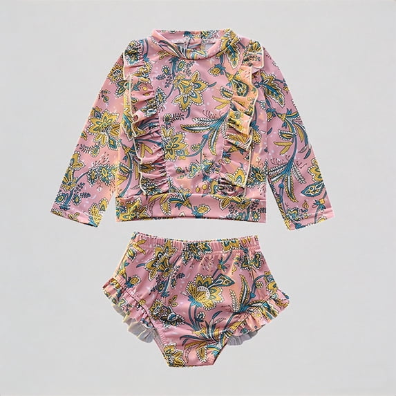 REDARER Baby Girls' 2-Piece Long-Sleeve Swimsuit Set – Floral & Birds Print, Ruffled Design, UV Protection Swimwear,2-3 Years