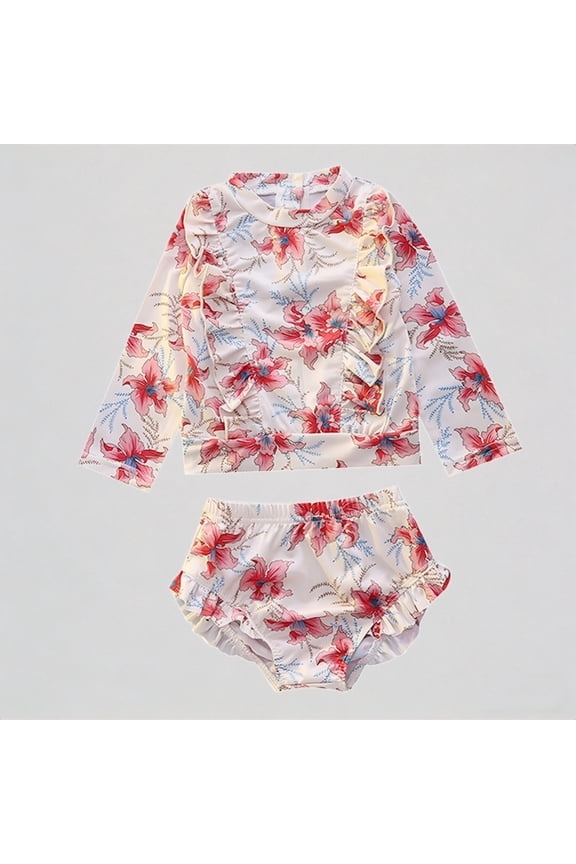 Baby Girls' 2-Piece Long-Sleeve Swimsuit Set – Floral & Birds Print, Ruffled Design, UV Protection Swimwear,5-6 Years