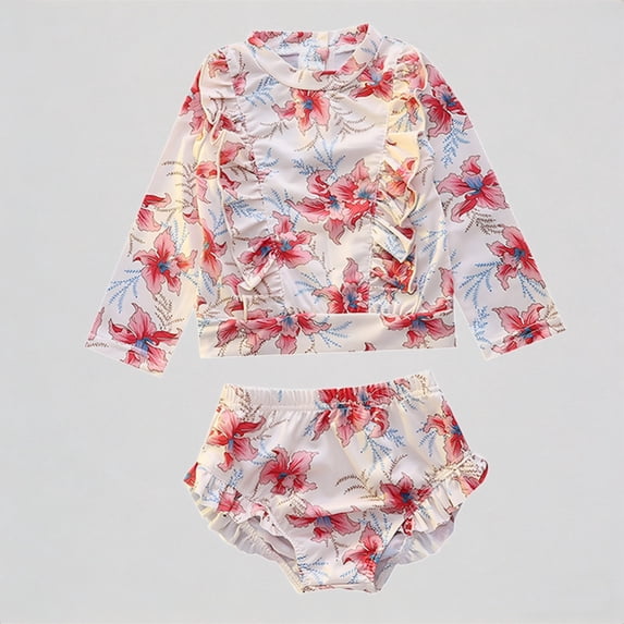 REDARER Baby Girls' 2-Piece Long-Sleeve Swimsuit Set – Floral & Birds Print, Ruffled Design, UV Protection Swimwear,6-7 Years