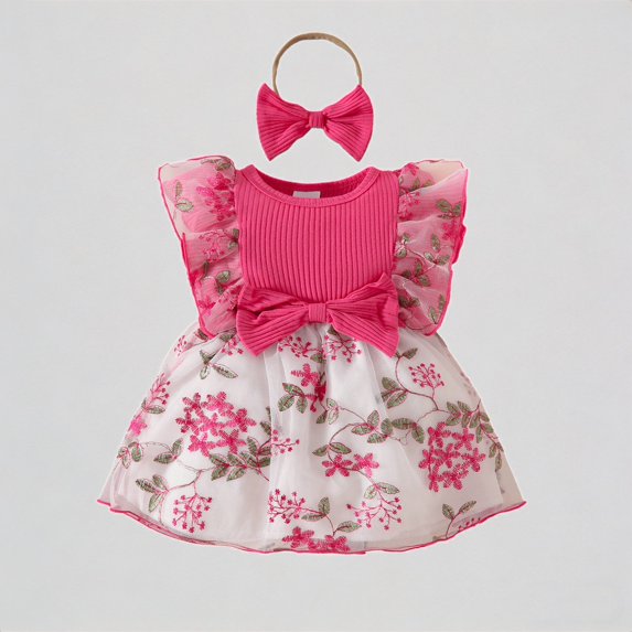 REDARER Baby Girls' Embroidered Tulle Dress with Flutter Sleeves & Matching Bow Headband, Sleeveless Holiday Party Princess,18-24 Months
