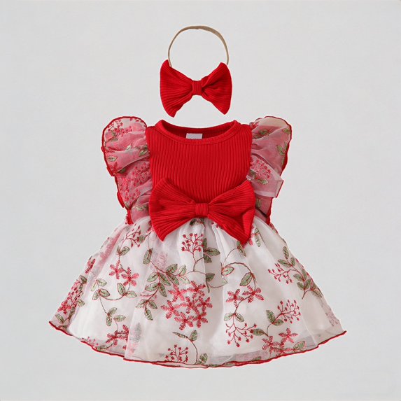 REDARER Baby Girls' Embroidered Tulle Dress with Flutter Sleeves & Matching Bow Headband, Sleeveless Holiday Party Princess,18-24 Months