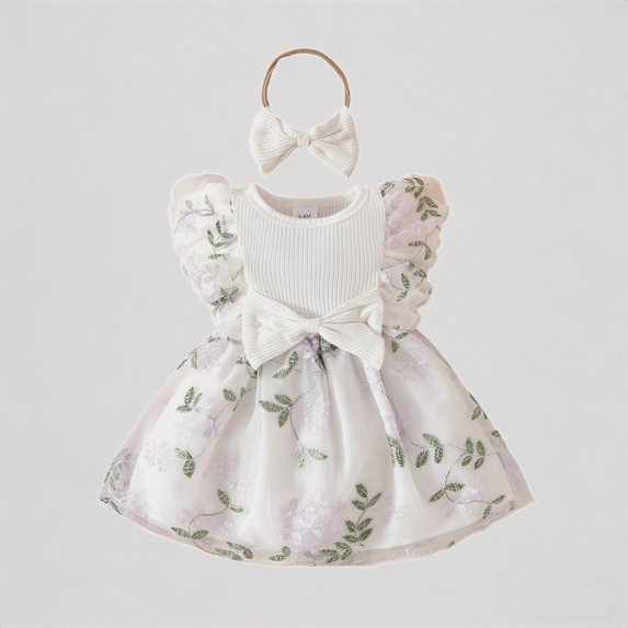 REDARER Baby Girls' Embroidered Tulle Dress with Flutter Sleeves & Matching Bow Headband, Sleeveless Holiday Party Princess,9-12 Months