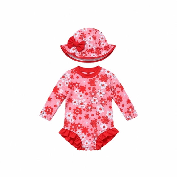 REDARER Baby Girls Leopard Print Long Sleeve Rash Guard Swimsuit with Matching Sun Hat UPF 50+ Snap Closure Swimwear for Pool Beach Water Play,2-3 Years