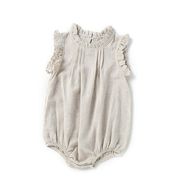 REDARER Baby Girls Linen Blend Romper, Ruffle Trim Sleeveless Bubble Bodysuit Breathable Summer Outfit,3-6 Months