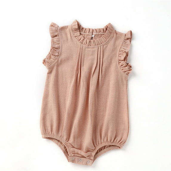 REDARER Baby Girls Linen Blend Romper, Ruffle Trim Sleeveless Bubble Bodysuit Breathable Summer Outfit,9-12 Months