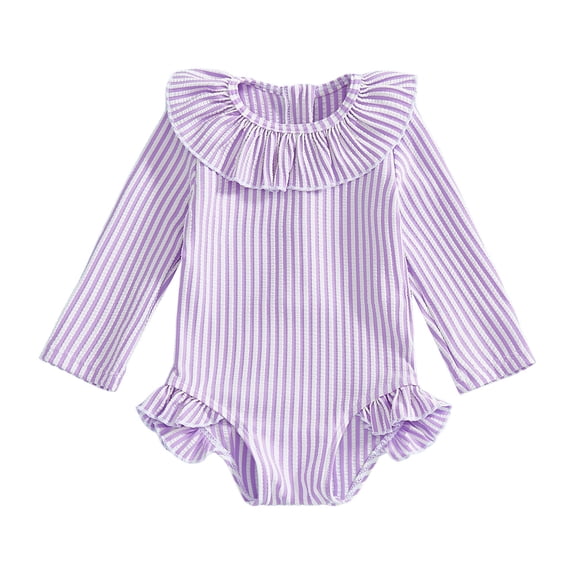 REDARER Baby Girls Long Sleeve One Piece Swimsuit Striped Ruffle Trim Rash Guard Bathing Suit For Toddlers,12-18 Months