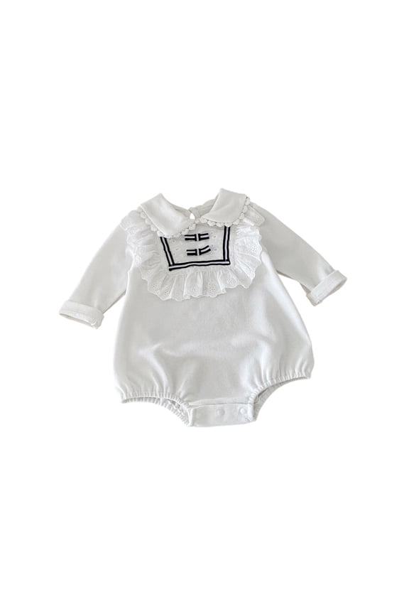 Baby Girls Long Sleeve Romper, Frilly Collar Lace Trim Stylish Bodysuit for Spring & Autumn Wear,0-3 Months