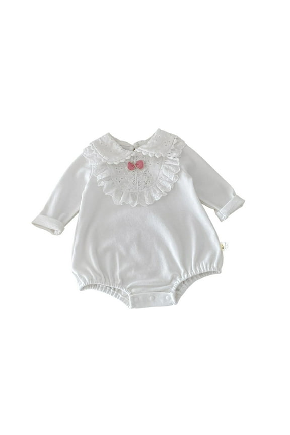 Baby Girls Long Sleeve Romper, Frilly Collar Lace Trim Stylish Bodysuit for Spring & Autumn Wear,0-3 Months