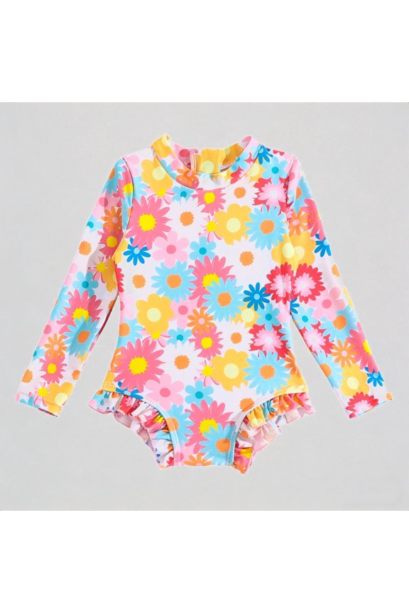 Baby Girls' Long-Sleeve Swimsuit – Colorful Floral Print + Back Zipper & Ruffle Trim, Full-Cover Beach Bathing Suit,0-6 Months
