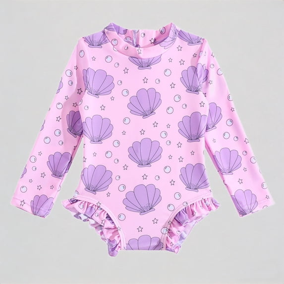 REDARER Baby Girls' Long-Sleeve Swimsuit – Seashell Print + Back Zipper & Ruffle Trim, Full-Cover Beach Bathing Suit,6-12 Months