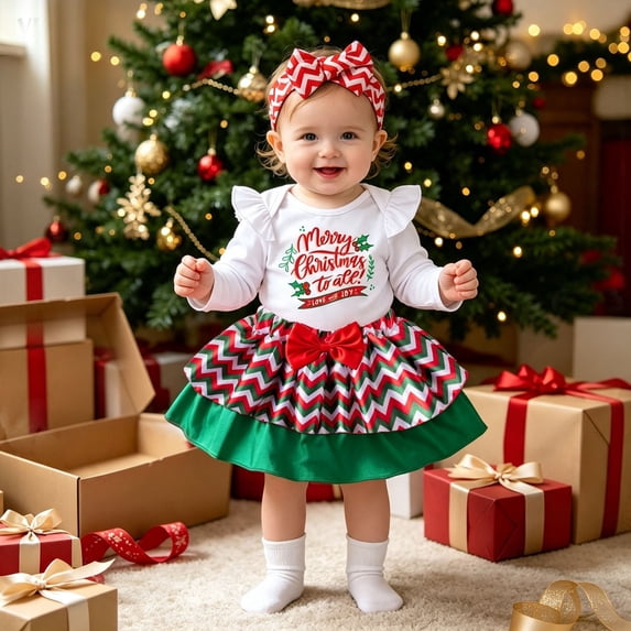 REDARER Baby Girls Merry Christmas Print Ruffle Long Sleeve Bodysuit with Chevron Skirt and Chevron Bow Headband Newborn Holiday Party Photo Outfit,0-3 Months