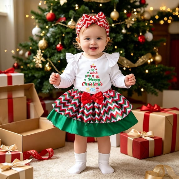 REDARER Baby Girls Merry Christmas Print Ruffle Long Sleeve Bodysuit with Chevron Skirt and Chevron Bow Headband Newborn Holiday Party Photo Outfit,0-3 Months