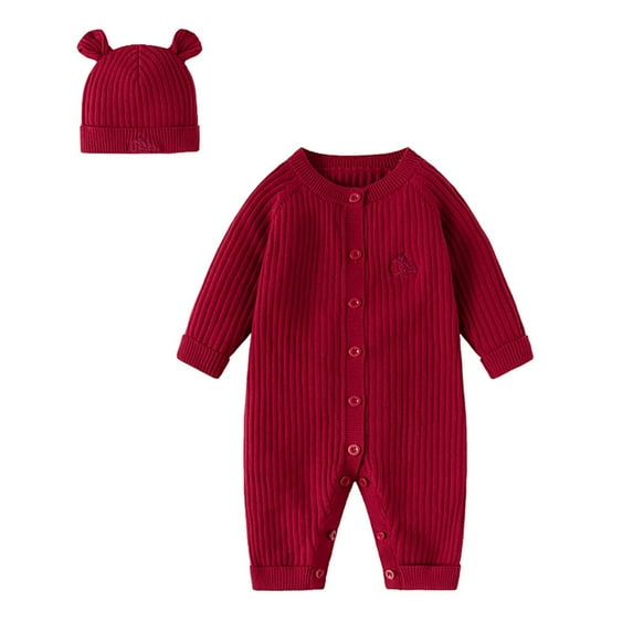 REDARER Baby Knit Romper Set, Winter Warm Bodysuit with Matching Hat, Cozy Outfit for First Birthday,Size:3-6 Months