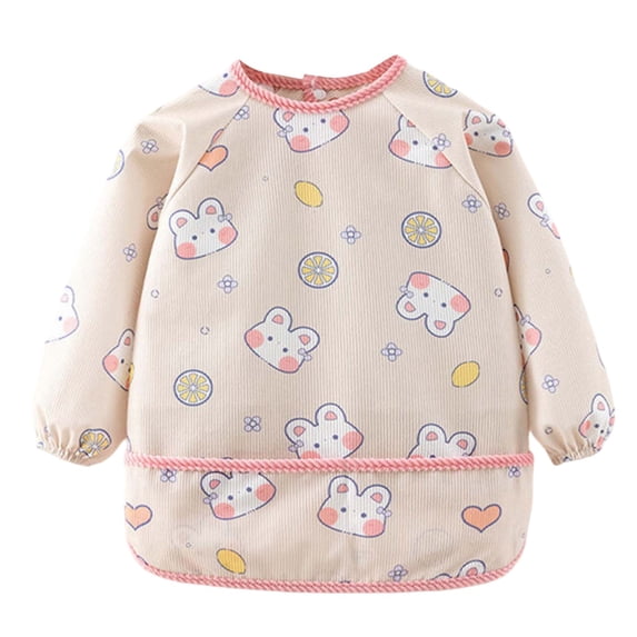 REDARER Baby Long Sleeve Bib Romper Bear & Bunny Print Waterproof Coverall With Ribbed Fabric,12-24 Months