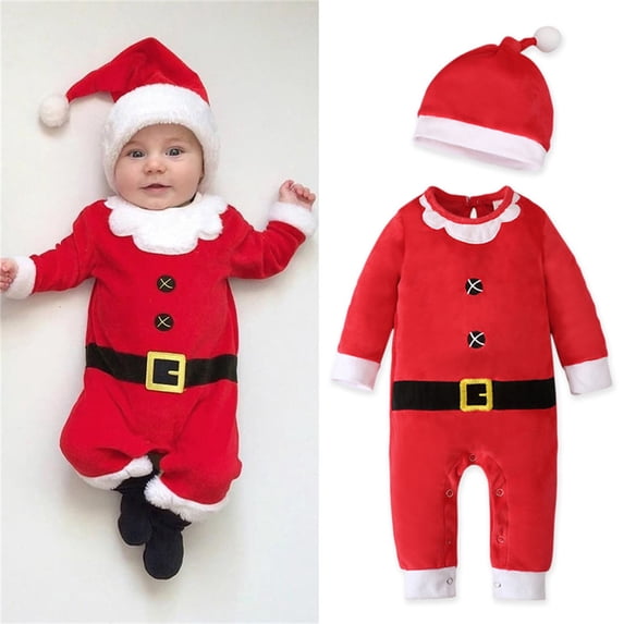 REDARER Baby Santa Costume Romper Set Fleece Long Sleeve Jumpsuit with Matching Santa Hat Snap Crotch Outfit for Newborn Infant Christmas Party Photoshoot Holiday Gift,6-12 Months