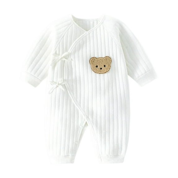 REDARER Baby Wrap Front Romper Soft Ribbed Cotton Bodysuit Bear Patch Long Sleeve Warm Homewear,0-1 Months