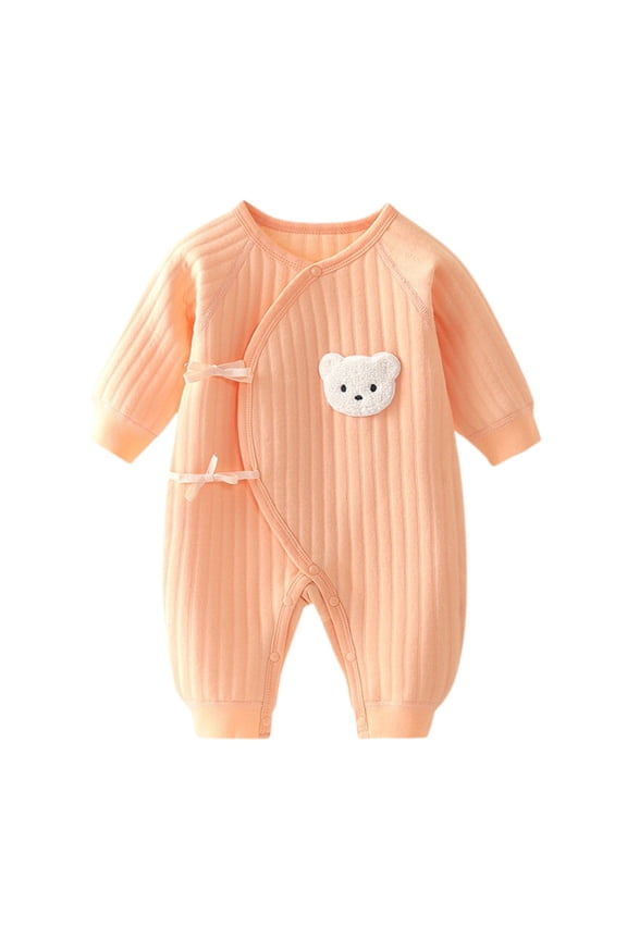 Baby Wrap Front Romper Soft Ribbed Cotton Bodysuit Bear Patch Long Sleeve Warm Homewear,0-1 Months