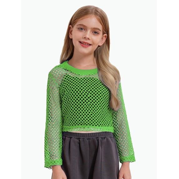 REDARER Big Girls Mesh Cropped Long Sleeve Top Hollow Out Casual Fashion Blouse,11-12 Years