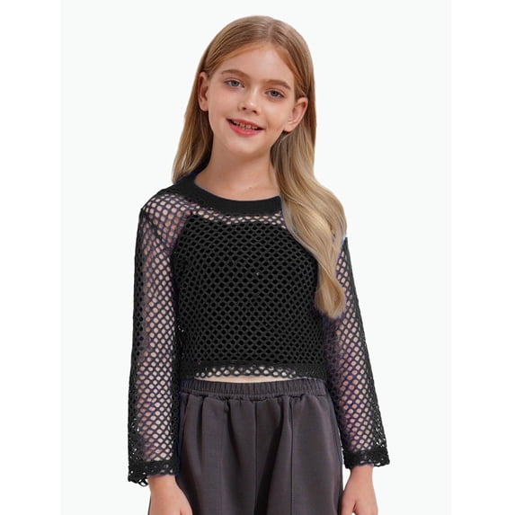 REDARER Big Girls Mesh Cropped Long Sleeve Top Hollow Out Casual Fashion Blouse,15-16 Years