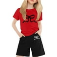 thumbnail image 1 of REDARER Big Girls Short Sleeve Bow Print Candy Color Comfortable Round Neck T Shirt +Shorts Sets,Size 6-7 Years, 1 of 3