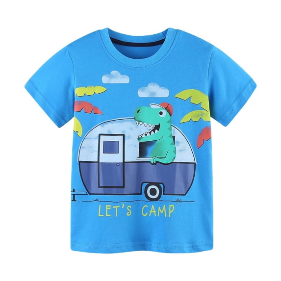 REDARER Blue Dinosaur Camping Graphic Crew Neck Boys Soft Cotton Short Sleeve Casual Summer Tee