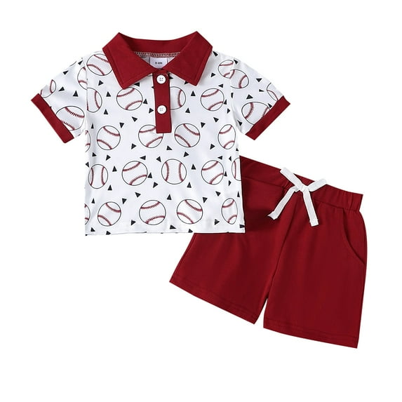 REDARER Boy Baseball Style Full Print Shirt Top + Solid Color Shorts Suit,6-12 Months