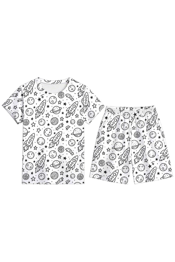 Boys 2-Piece Pajama Set, Doodle Space Print Short Sleeve Tee & Shorts, Comfy Summer Sleepwear,4-5 Years
