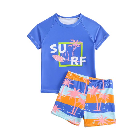 REDARER Boys 2 Piece Surf Rash Guard Set Short Sleeve Graphic Top with Tree Print Swim Trunks UPF 50+,3-4 Years
