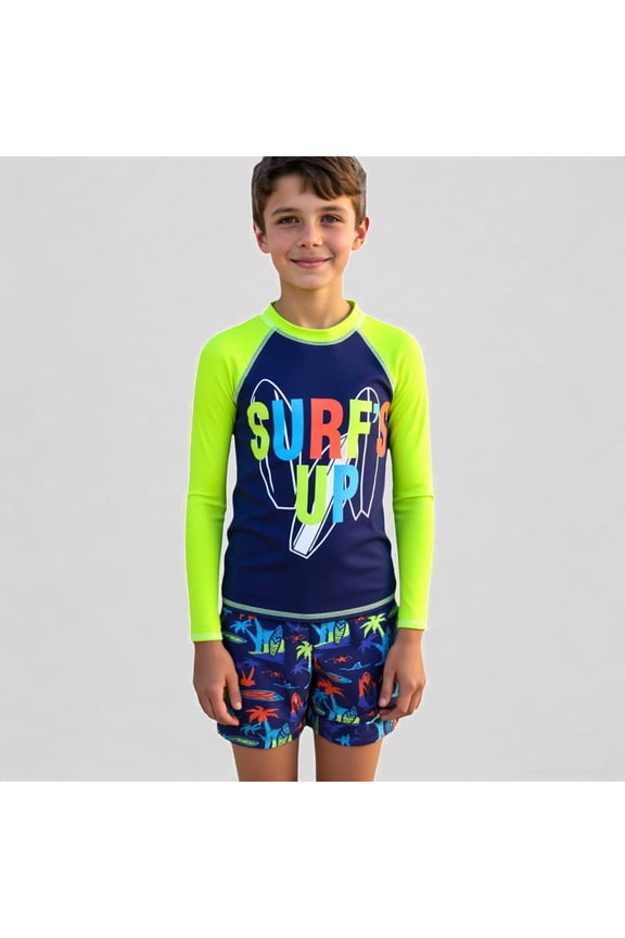 Boys 2-Piece Swim Set – Graphic Long-Sleeve Rash Guard & Surf Print Trunks, Neon Color-Block Design, UPF Protection for Summer Beach Pool,11-12 Years