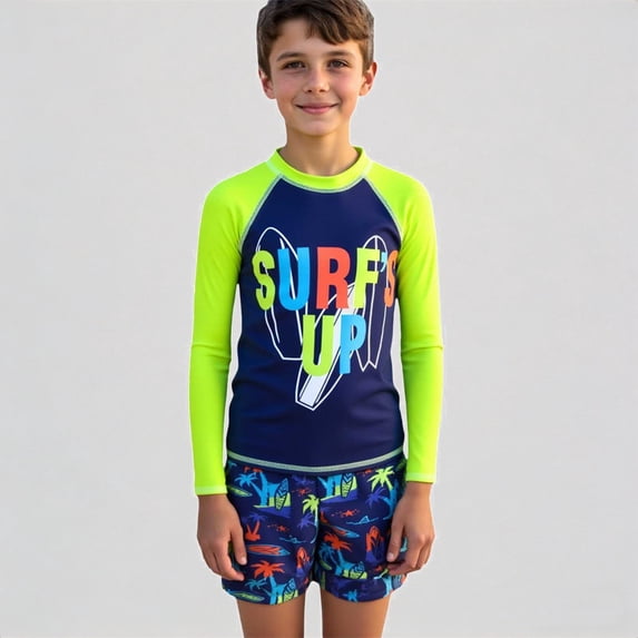 REDARER Boys 2-Piece Swim Set – Graphic Long-Sleeve Rash Guard & Surf Print Trunks, Neon Color-Block Design, UPF Protection for Summer Beach Pool,8-9 Years
