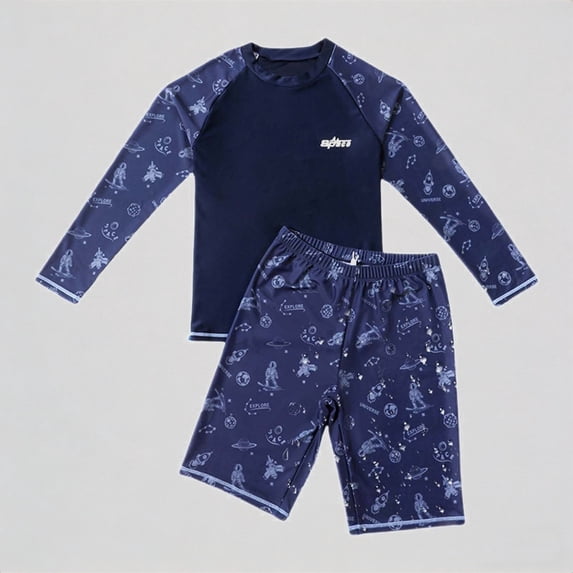 REDARER Boys' 2-Piece Swim Set – Graphic Long-Sleeve Rash Guard + Wave-Print Trunks, Stylish Summer Beach Swimwear,190