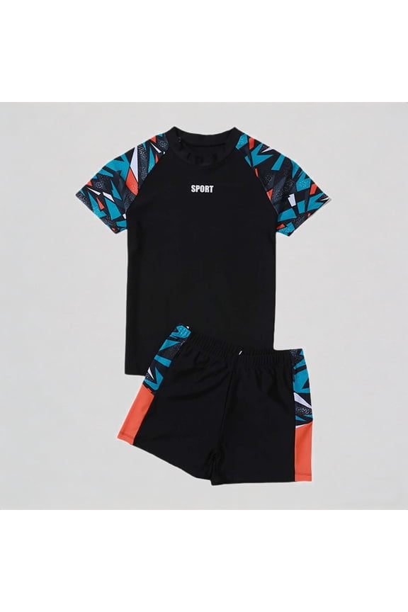 Boys' 2-Piece Swim Set – "SPORT" Graphic Rash Guard + Geometric Accent Trunks, Comfortable Pool & Beach Swimwear,160